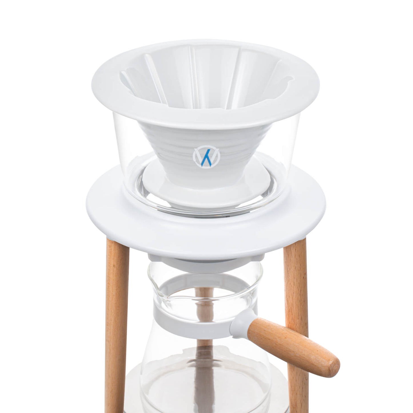 Wabilogic™ SENZ V™ Pour-Over Smart Coffee Maker - A modern pour-over coffee maker with a clear glass cone filter, white plastic body, light wood legs, and a glass carafe with a wooden handle, shown on a white background.