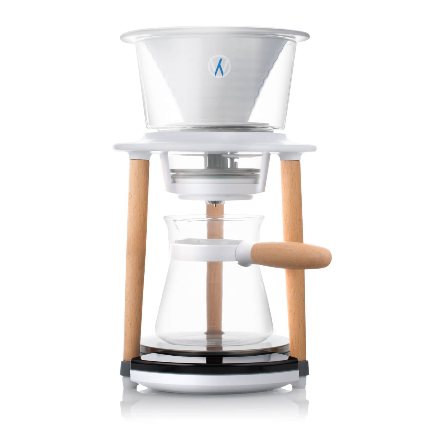 Wabilogic™ SENZ V™ Pour-Over Smart Coffee Maker - A modern pour-over coffee maker with a clear glass cone filter, white plastic body, light wood legs, and a glass carafe with a wooden handle, shown on a white background.