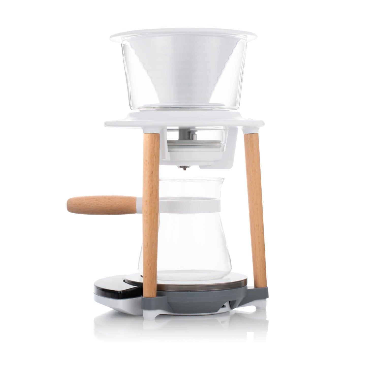 Wabilogic™ SENZ V™ Pour-Over Smart Coffee Maker - A modern pour-over coffee maker with a clear glass cone filter, white plastic body, light wood legs, and a glass carafe with a wooden handle, shown on a white background.