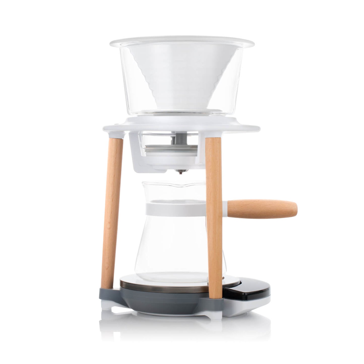 Wabilogic™ SENZ V™ Pour-Over Smart Coffee Maker - A modern pour-over coffee maker with a clear glass cone filter, white plastic body, light wood legs, and a glass carafe with a wooden handle, shown on a white background.