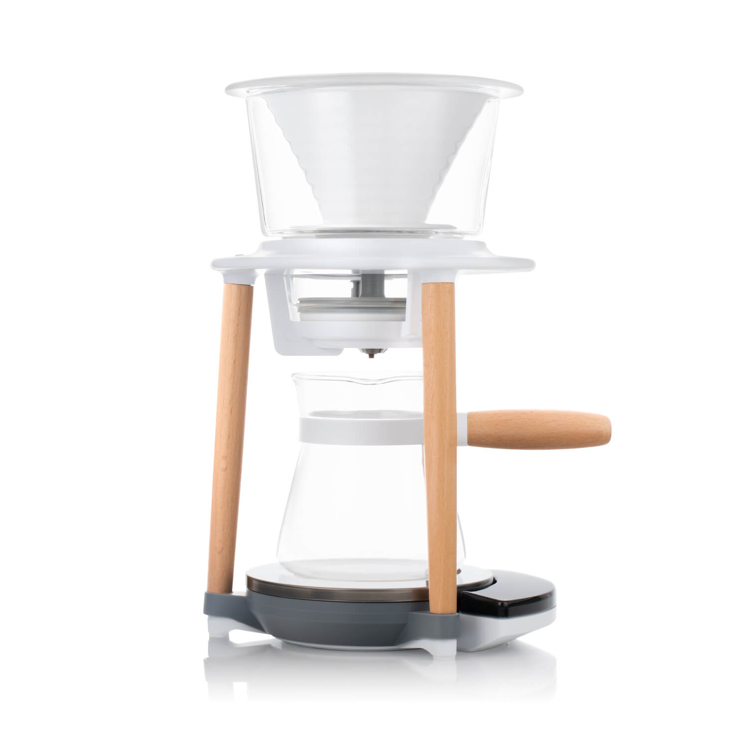 Wabilogic™ SENZ V™ Pour-Over Smart Coffee Maker - A modern pour-over coffee maker with a clear glass cone filter, white plastic body, light wood legs, and a glass carafe with a wooden handle, shown on a white background.