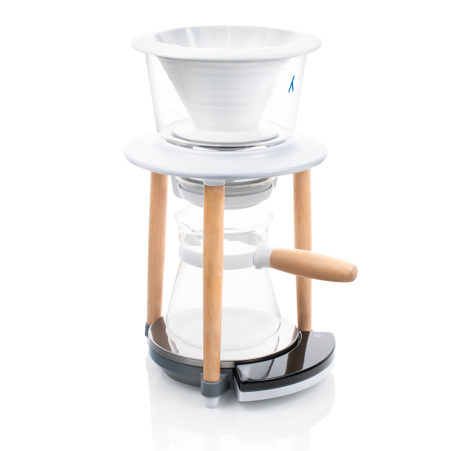 Wabilogic™ SENZ V™ Pour-Over Smart Coffee Maker - A modern pour-over coffee maker with a clear glass cone filter, white plastic body, light wood legs, and a glass carafe with a wooden handle, shown on a white background.